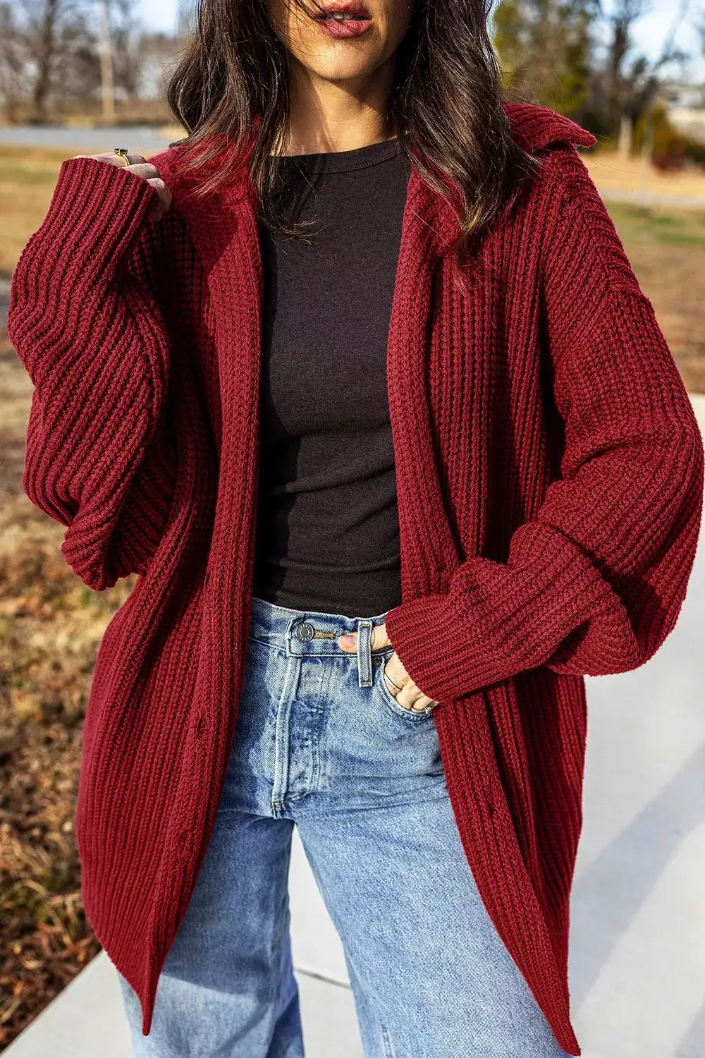 Solid Color Knit Oversized Button Front Sweater Cardigan - Trendsi - Flyclothing LLC