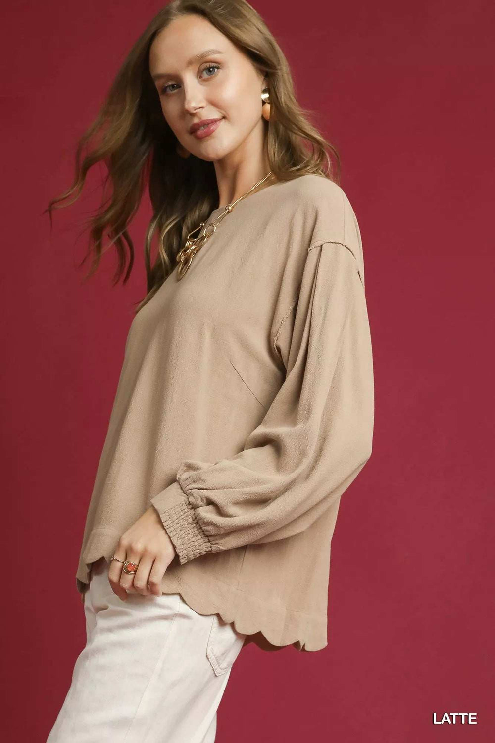Umgee Linen Scallop Hem Long Sleeve Blouse - Trendsi - Flyclothing LLC
