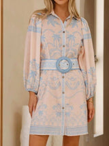 Printed Button Down Shirt Dress with Belt - Trendsi - Flyclothing LLC