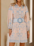 Printed Button Down Shirt Dress with Belt - Trendsi