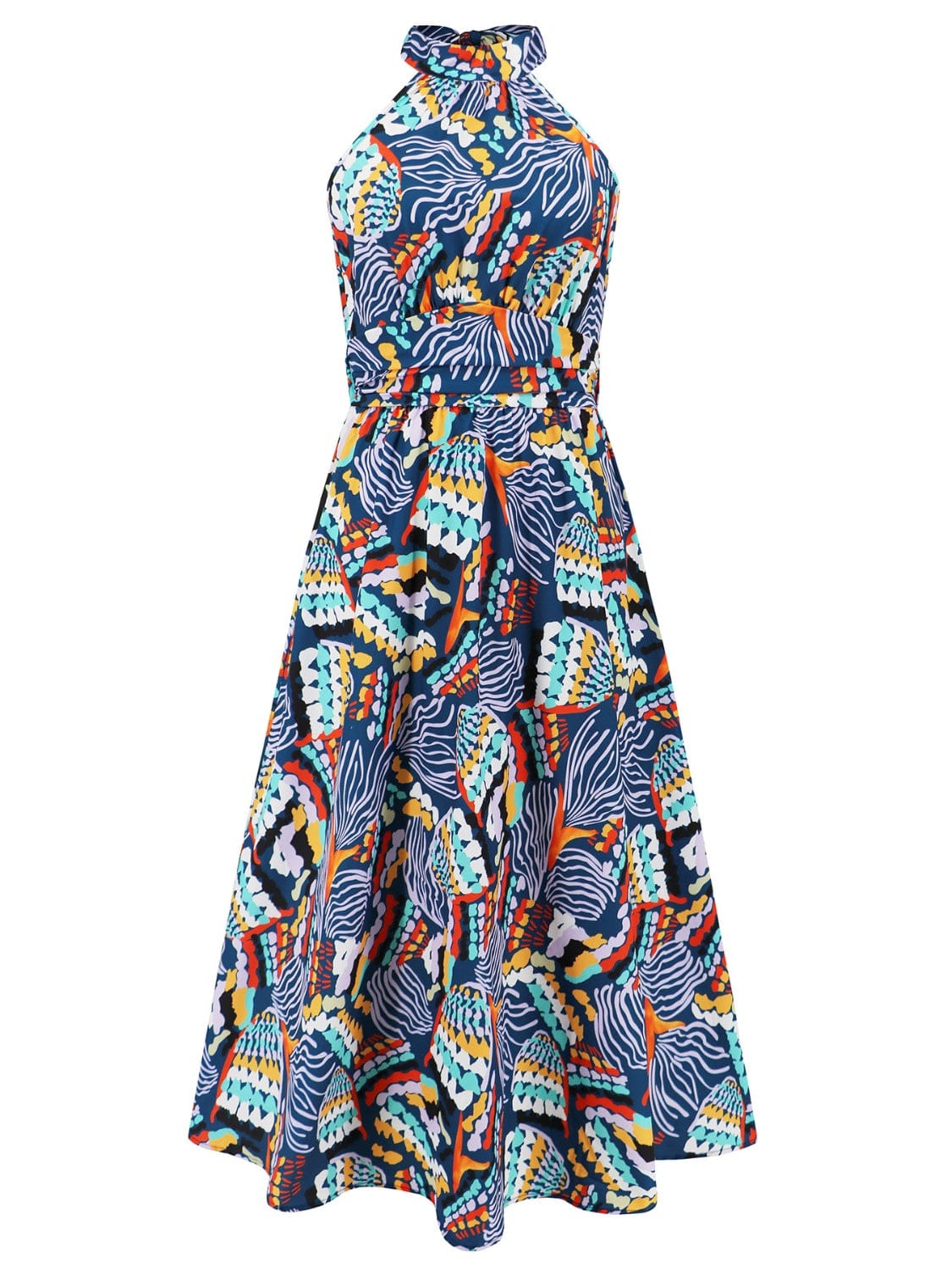 Ruched Printed Halter Neck Sleeveless Dress - Trendsi