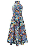 Ruched Printed Halter Neck Sleeveless Dress - Trendsi - Flyclothing LLC
