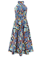 Ruched Printed Halter Neck Sleeveless Dress - Trendsi