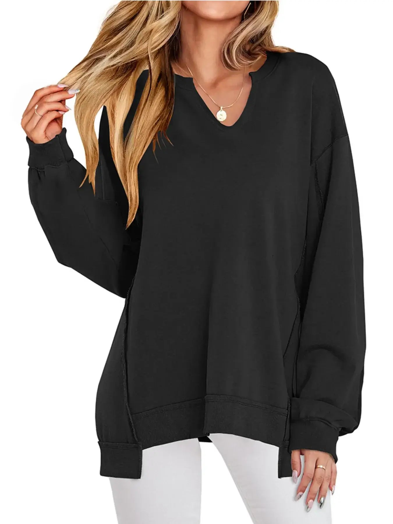 Notched Long Sleeve Oversized Sweatshirt - Trendsi - Flyclothing LLC