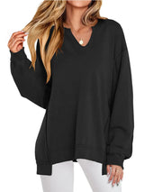 Notched Long Sleeve Oversized Sweatshirt - Trendsi - Flyclothing LLC