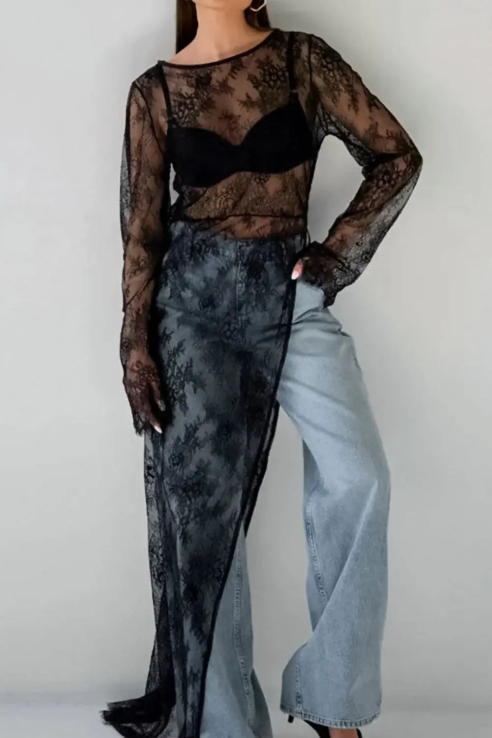 Fringe Round Neck Long Sleeve Lace Sheer Top - Trendsi - Flyclothing LLC