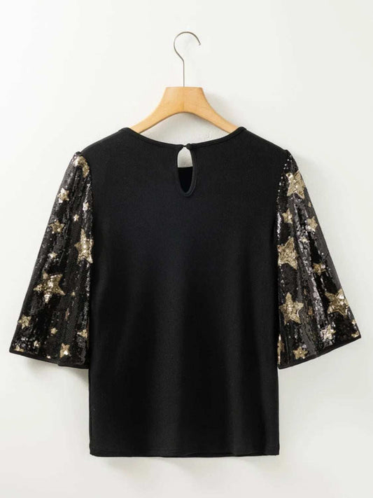 Sequin Round Neck Half Sleeve Blouse - Trendsi - Flyclothing LLC