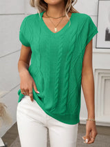 Cable-Knit V-Neck Short Sleeve Knit Top - Trendsi - Flyclothing LLC