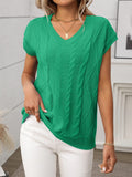 Cable-Knit V-Neck Short Sleeve Knit Top - Trendsi