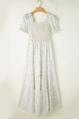 Floral Smocked Short Puff Sleeve Maxi Dress - Trendsi - Flyclothing LLC