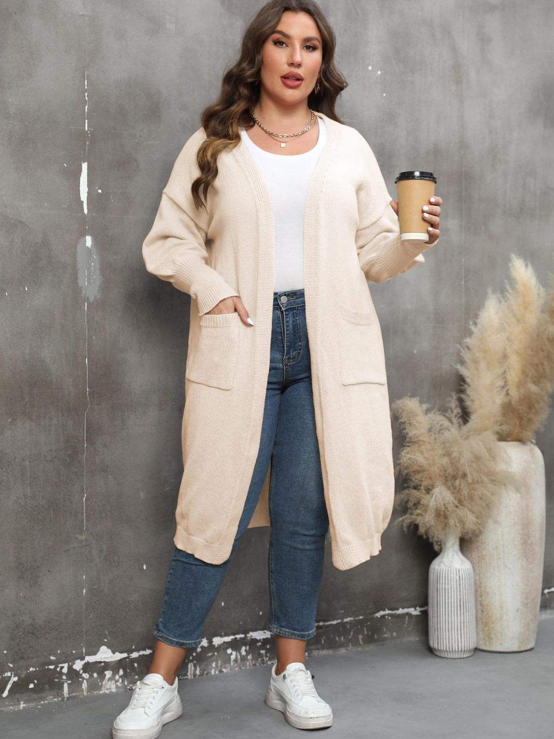 Plus Size Long Sleeve Pocketed Cardigan - Trendsi - Flyclothing LLC