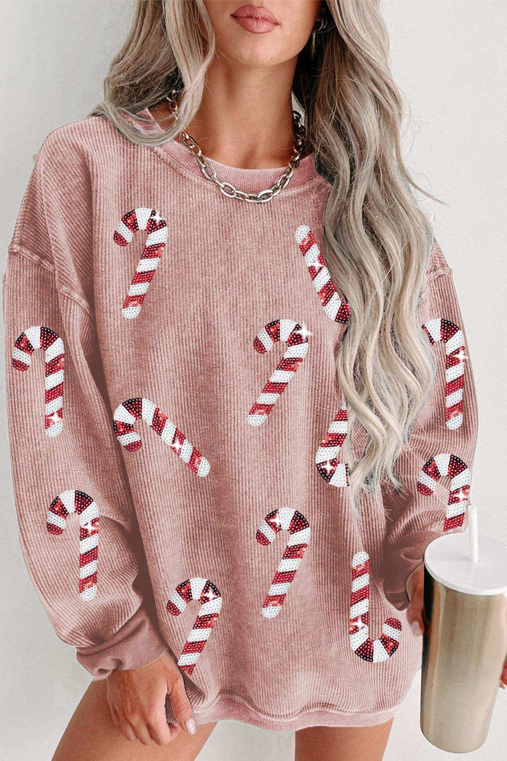 Sequin Candy Cane Round Neck Sweatshirt - Trendsi - Flyclothing LLC