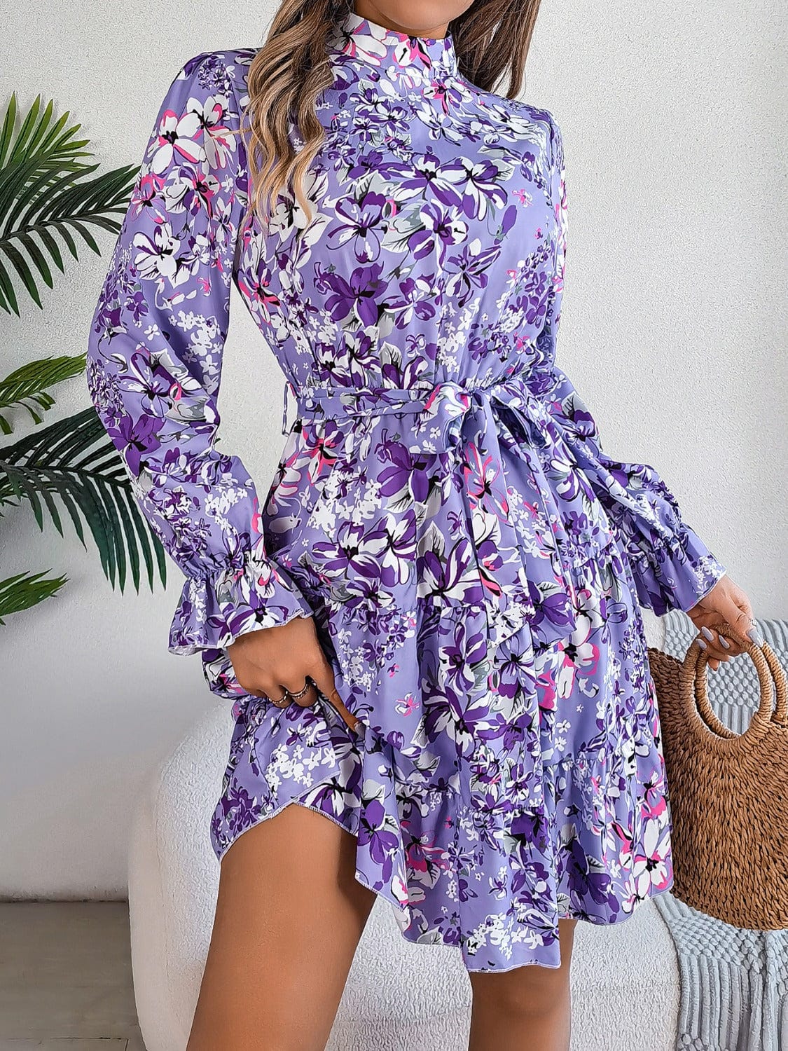 Printed Mock Neck Flounce Sleeve Mini Dress - Trendsi