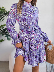 Printed Mock Neck Flounce Sleeve Mini Dress - Trendsi