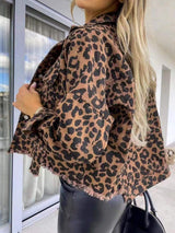Raw Hem Leopard Collared Neck Denim Jacket - Trendsi - Flyclothing LLC