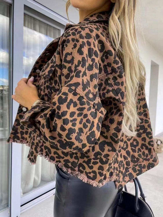 Raw Hem Leopard Collared Neck Denim Jacket - Trendsi - Flyclothing LLC