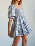 Ruffled Hem Plaid Half Sleeve Mini Dress - Trendsi