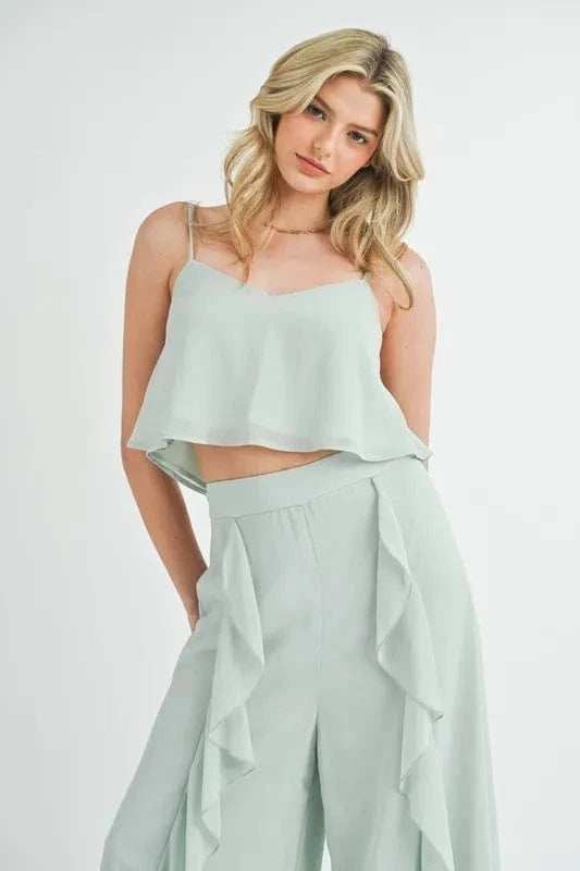 MABLE Crop Cami and Ruffled Wide Leg Pants Set - Trendsi - Flyclothing LLC