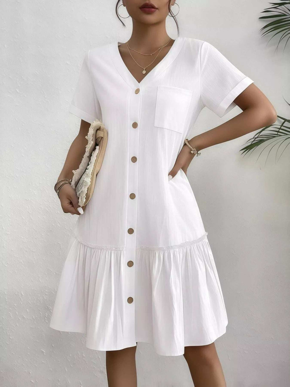 Full Size Button-Front Short Sleeve Tiered Dress Plus Size - Trendsi - Flyclothing LLC