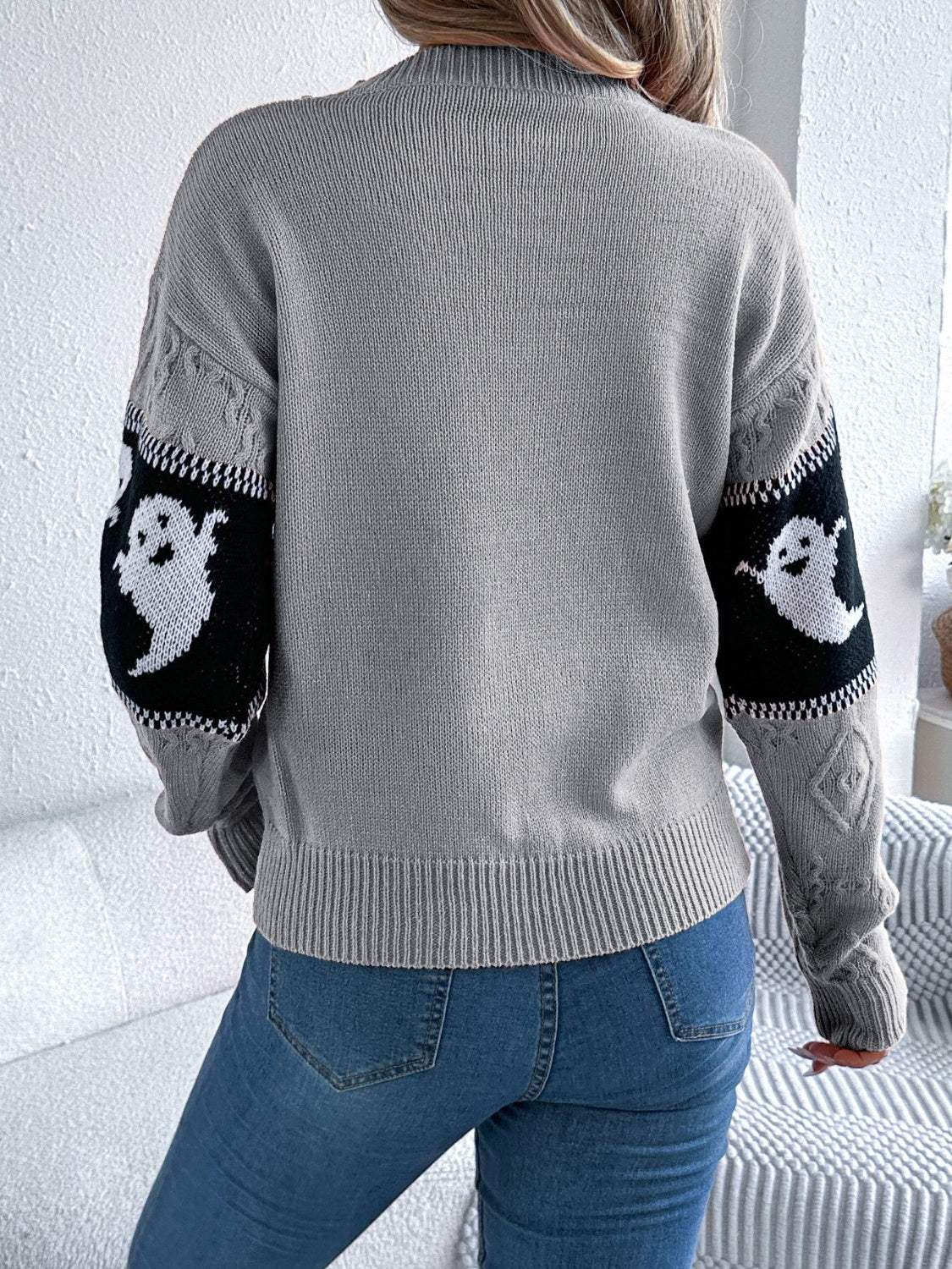 Ghost Round Neck Long Sleeve Sweater - Trendsi - Flyclothing LLC