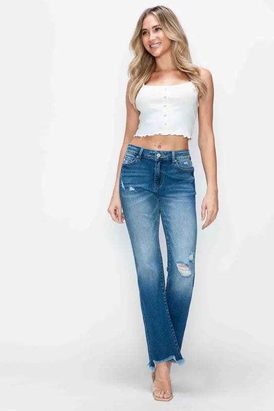 bytos Full Size Raw Hem Distressed Mid Rise Straight Jeans - Trendsi - Flyclothing LLC