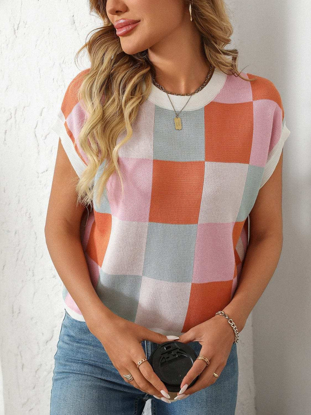 Mandy Checkered Round Neck Cap Sleeve Knit Top - Trendsi - Flyclothing LLC