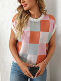 Mandy Checkered Round Neck Cap Sleeve Knit Top - Trendsi - Flyclothing LLC