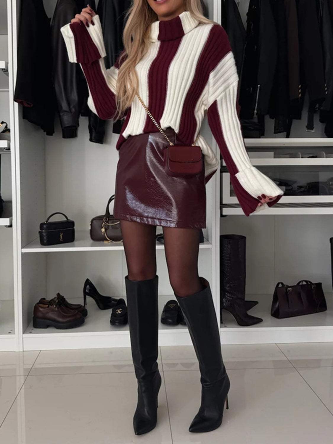 Striped Turtleneck Dropped Shoulder Sweater - Trendsi - Flyclothing LLC