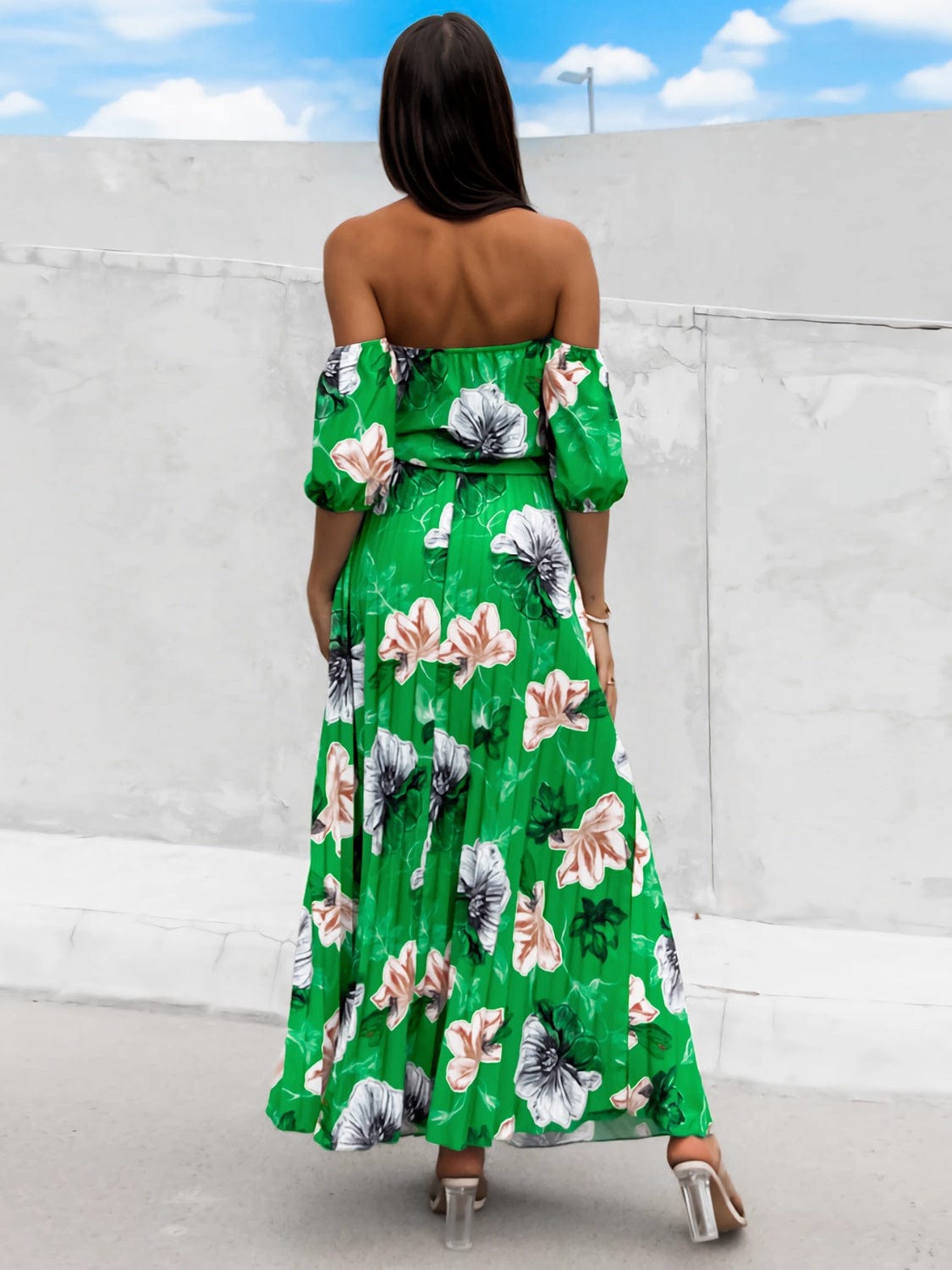 Pleated Floral Off-Shoulder Short Sleeve Midi Dress - Trendsi