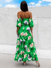 Pleated Floral Off-Shoulder Short Sleeve Midi Dress - Trendsi