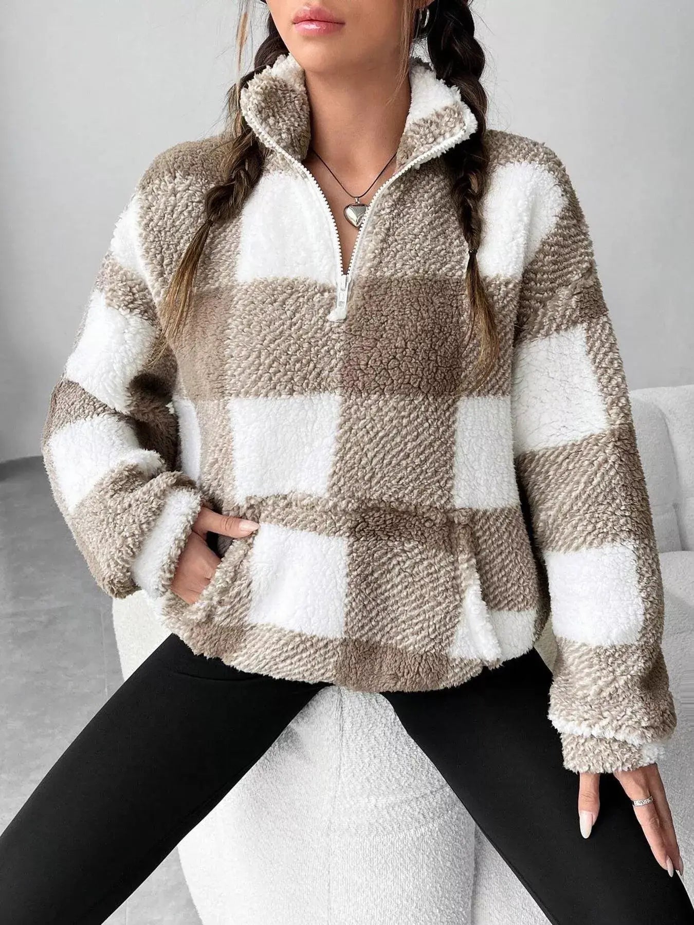 Full Size Plaid Sherpa Long Sleeve Sweatshirt Plus Size - Trendsi - Flyclothing LLC