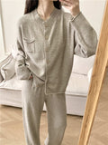 Pocketed Round Neck Button Up Cardigan and Pants Sweater Set - Trendsi - Flyclothing LLC