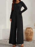 Tied Round Neck Long Sleeve Jumpsuit - Trendsi