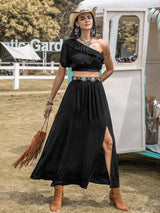 Ruffled Single Shoulder Top and Slit Skirt Set - Trendsi - Flyclothing LLC