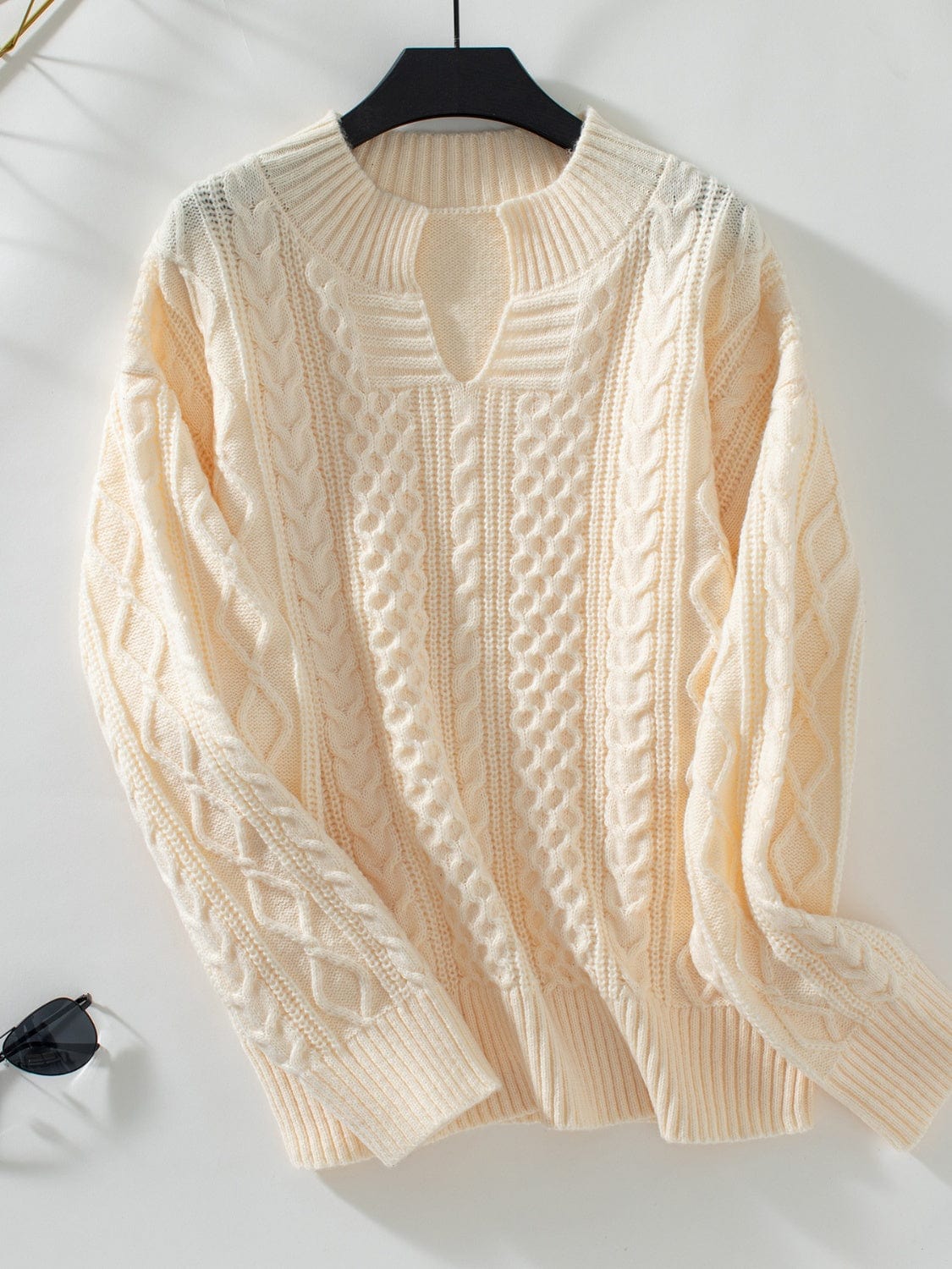 Cable-Knit Notched Long Sleeve Sweater - Trendsi