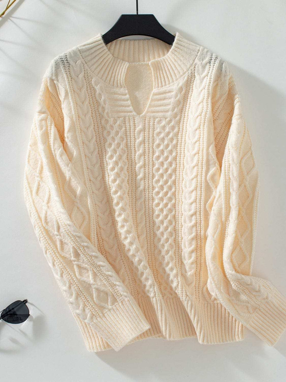 Cable-Knit Notched Long Sleeve Sweater - Trendsi - Flyclothing LLC