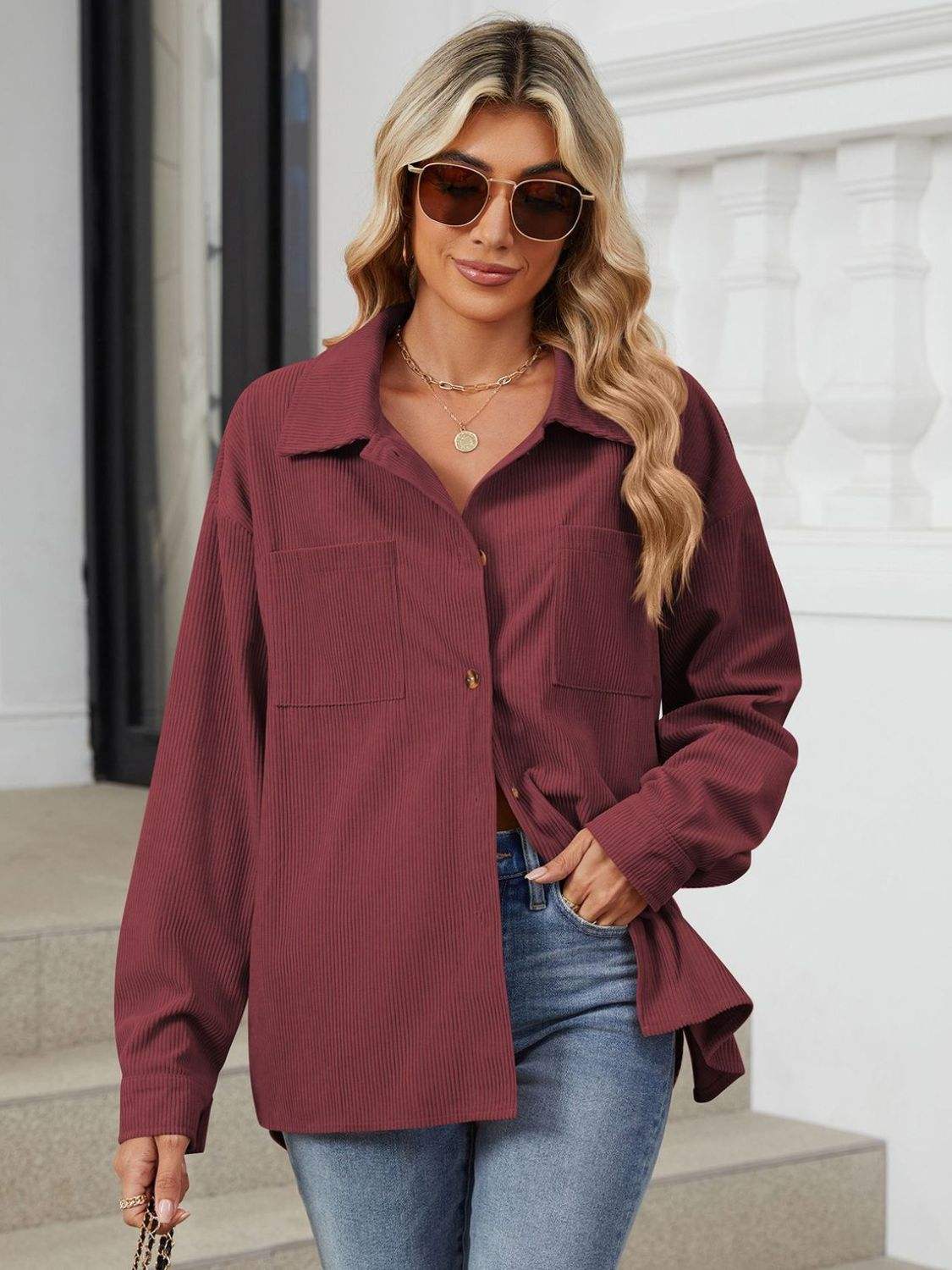 Button Up Dropped Shoulder Long Sleeve Outerwear - Trendsi - Flyclothing LLC