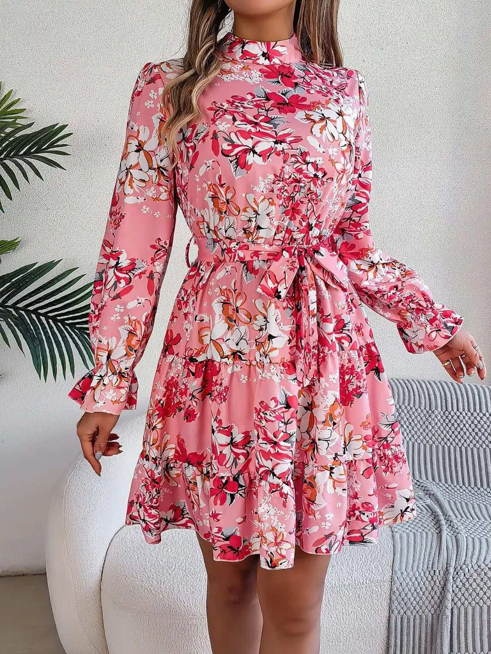 Printed Mock Neck Flounce Sleeve Mini Dress - Trendsi - Flyclothing LLC