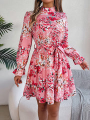 Printed Mock Neck Flounce Sleeve Mini Dress - Trendsi