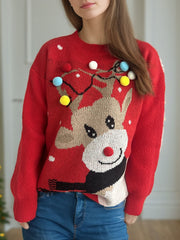 Reindeer Round Neck Long Sleeve Sweater - Trendsi