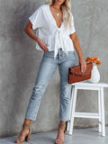 Tied Plunge Short Sleeve Blouse - Trendsi