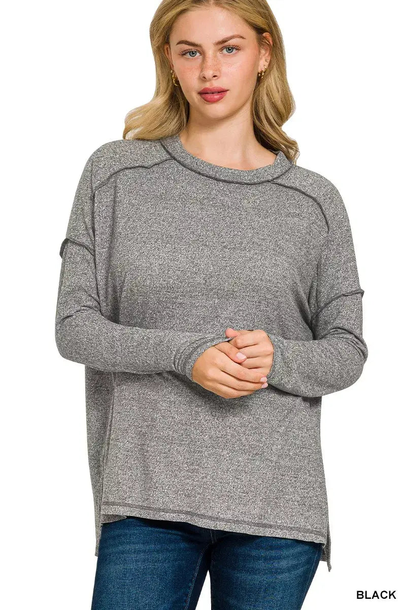 Zenana Full Size Melange Hacci Exposed Seam Hi-low Tee Plus Size - Trendsi - Flyclothing LLC
