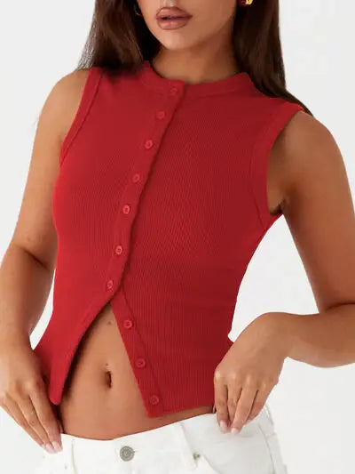 Lovelet Button Up Round Neck Tank - Trendsi - Flyclothing LLC