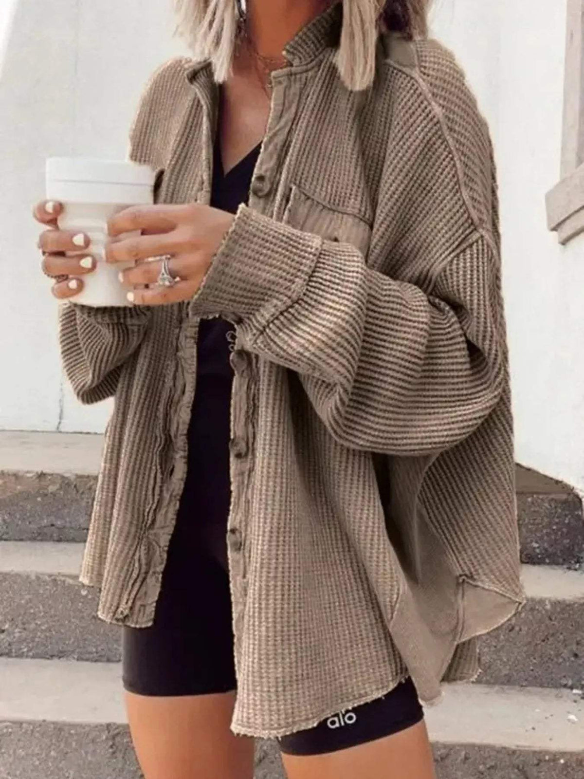 Oversized Waffle Knit Button-Up Jacket - Trendsi - Flyclothing LLC