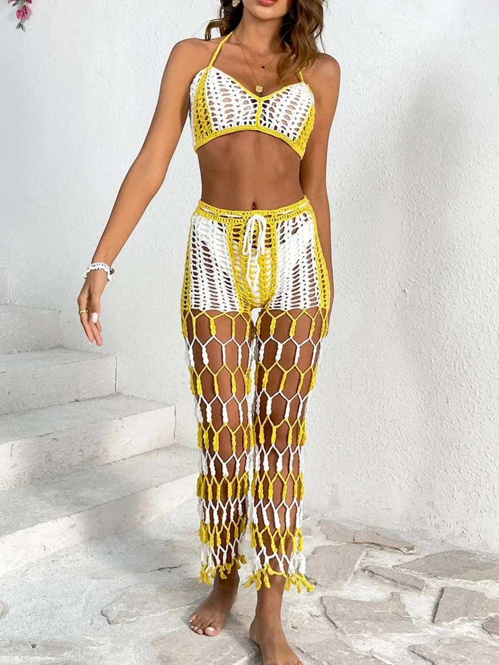 Cutout Halter Neck Top and Pants Two-Piece Swim Set - Trendsi - Flyclothing LLC
