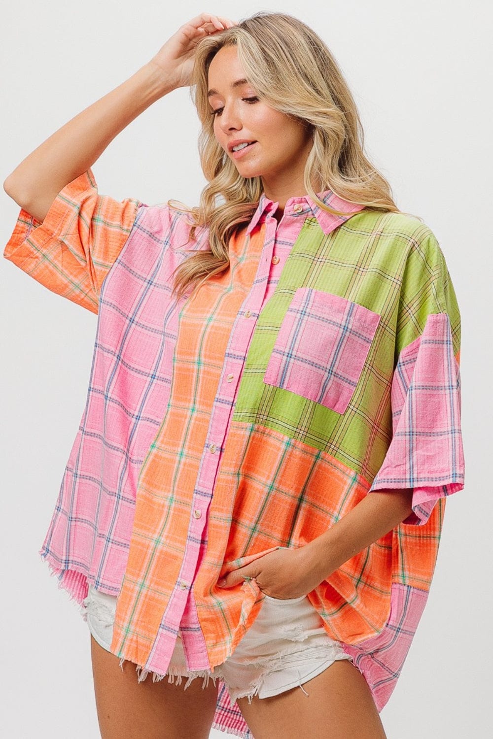 BiBi Plaid Collared Neck Half Sleeve Shirt - Trendsi