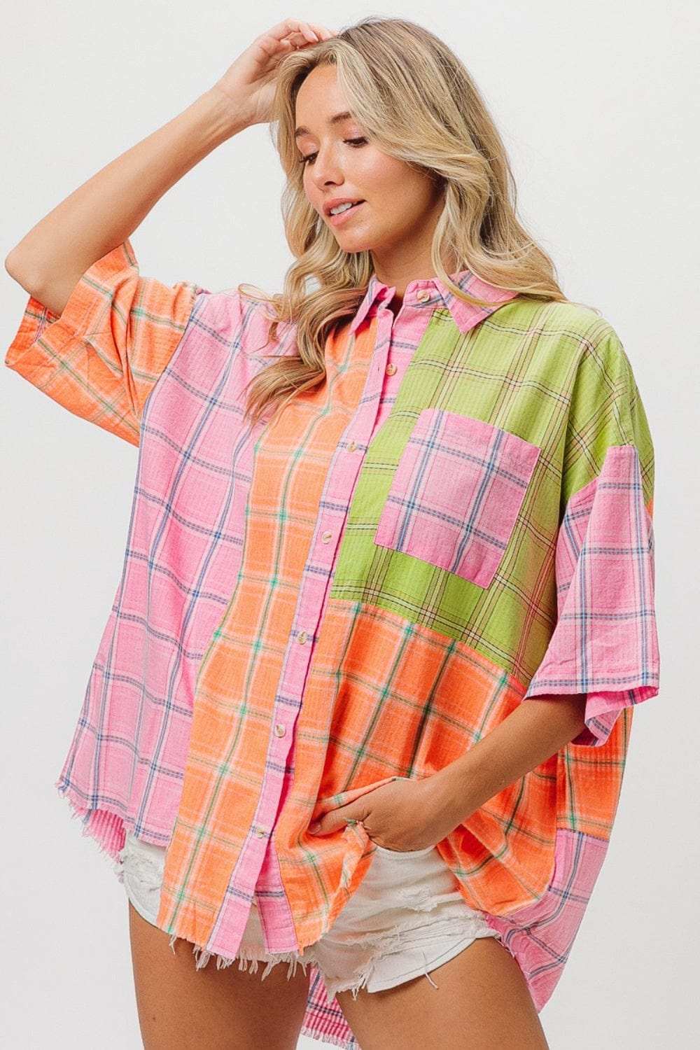 BiBi Plaid Collared Neck Half Sleeve Shirt - Trendsi - Flyclothing LLC