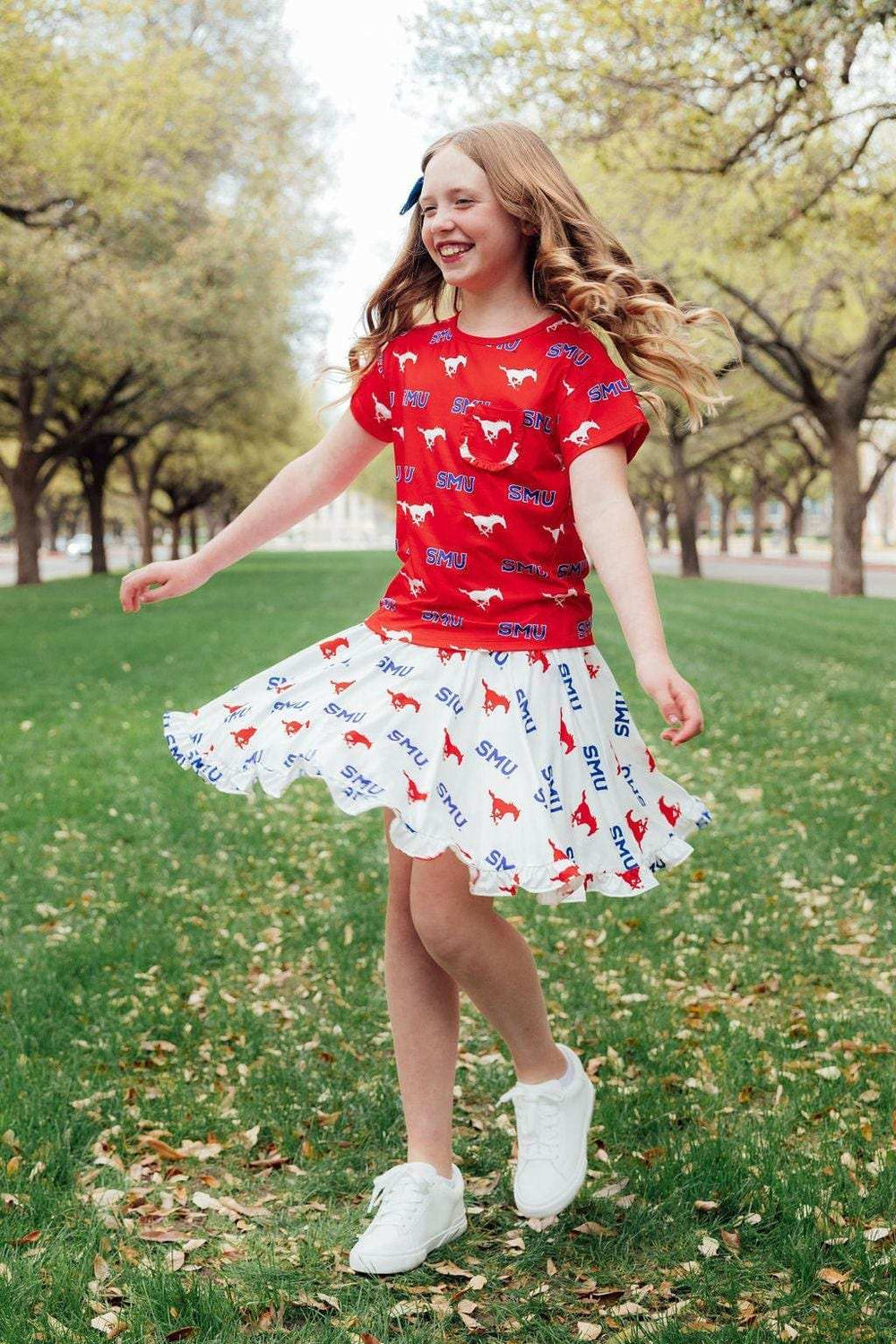 SMU Red Mustang Ruffle Pocket Tee - Mila & Rose ® - Flyclothing LLC