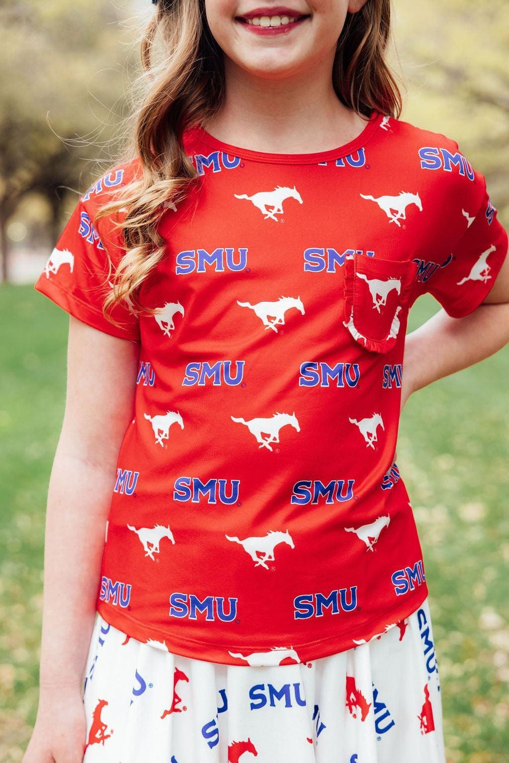 SMU Red Mustang Ruffle Pocket Tee - Mila & Rose ®