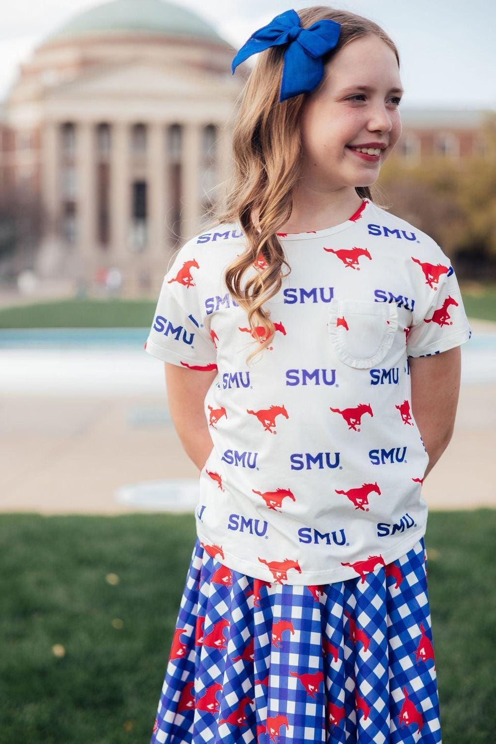 SMU White Mustang Ruffle Pocket Tee - Mila & Rose ®